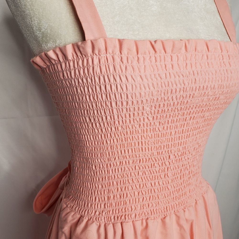VINTAGE 70s pink dress shirred smocked top convertible‎ midi M - Picture 5 of 14